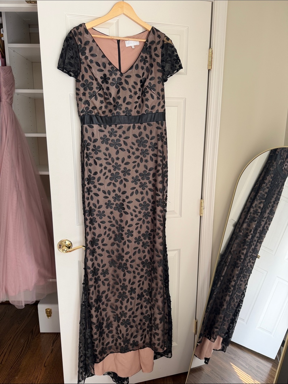 Mikael Aghal Dusty Rose Gown with Black Floral Lace Overlay
